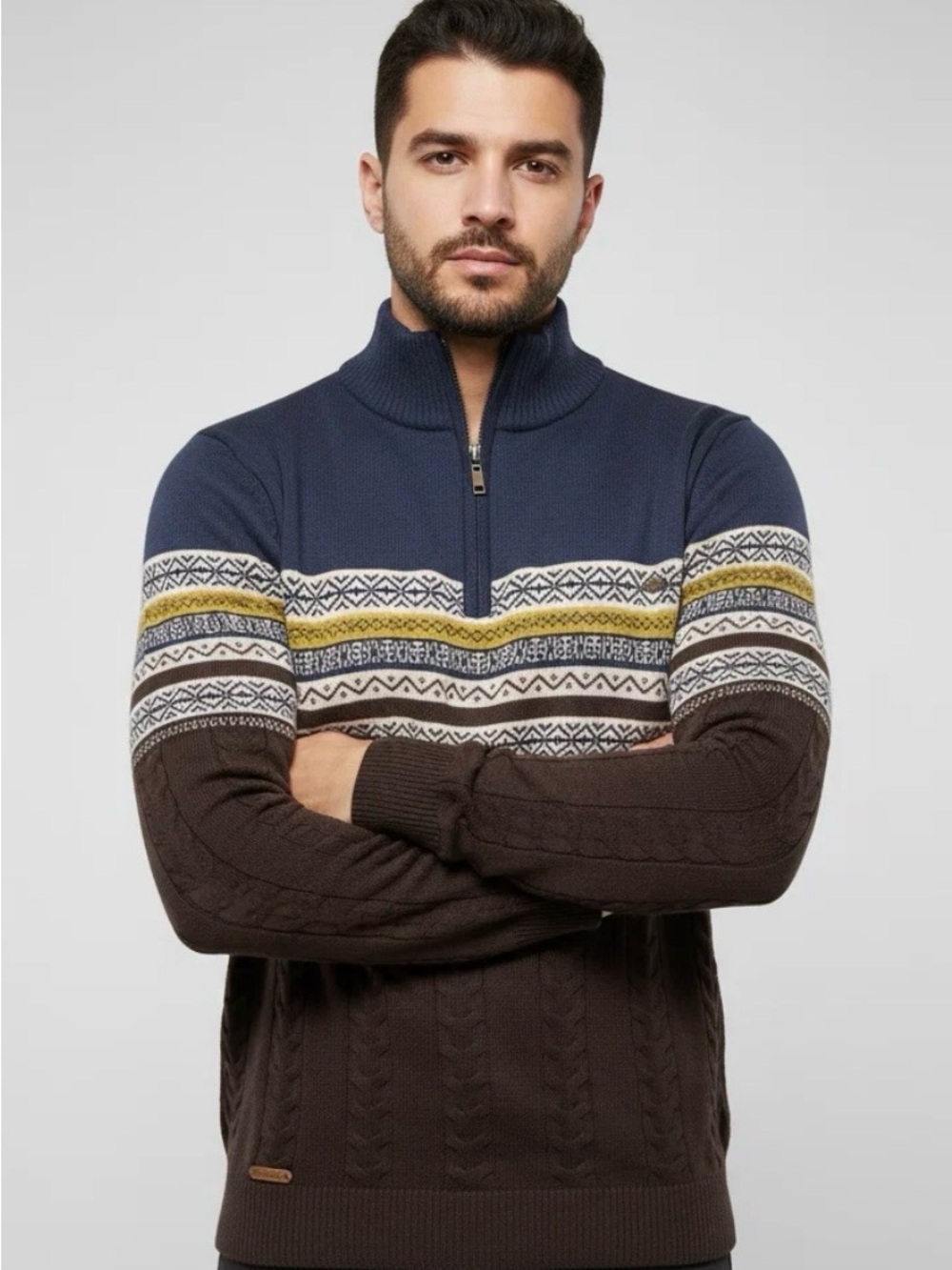 Alopeson Men's Navy & Brown 1/4-Zip Pullover Sweater Size Large